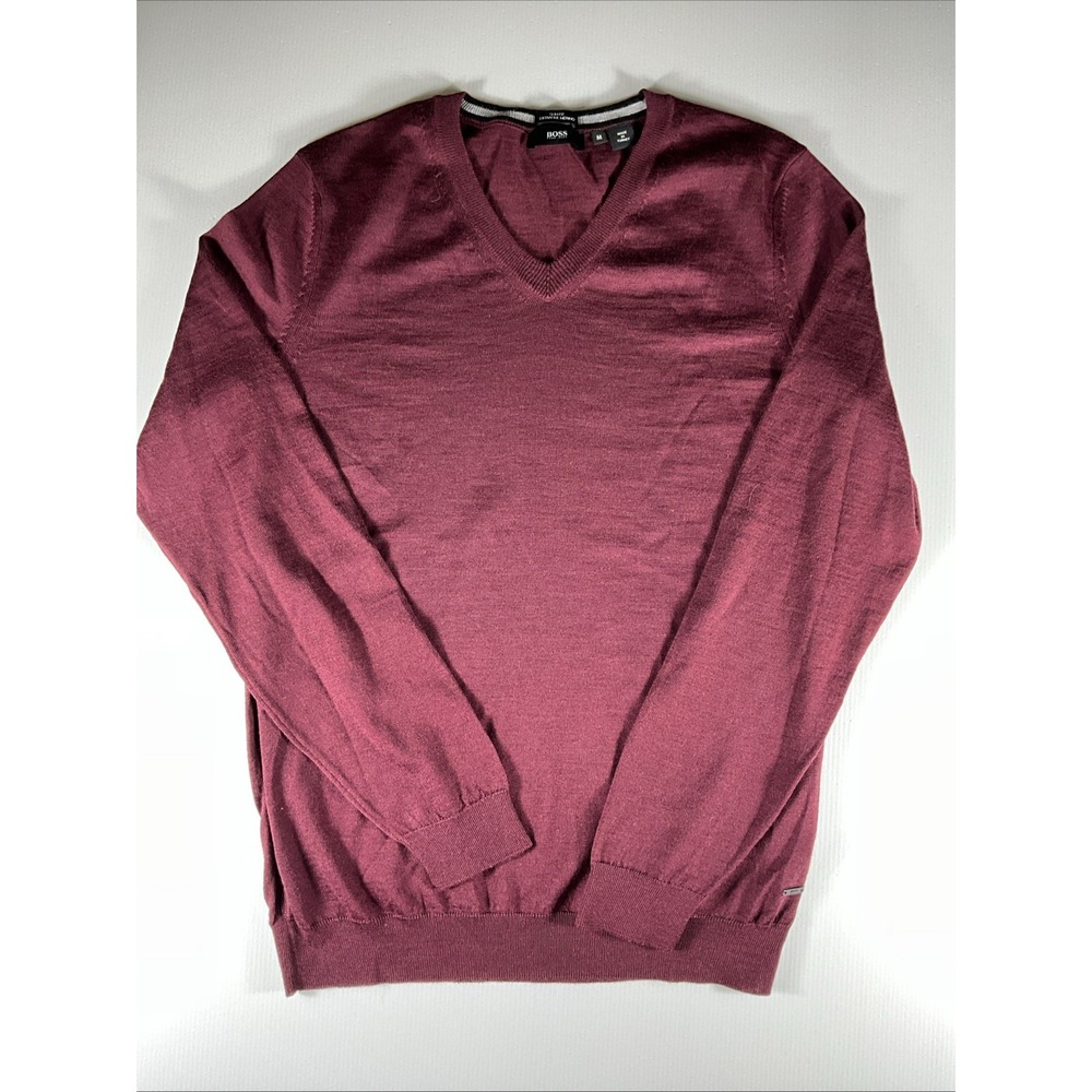 BOSS Hugo Boss Men's M Slim Fit Extra Fine Merino Wool V-Neck Sweater Burgundy